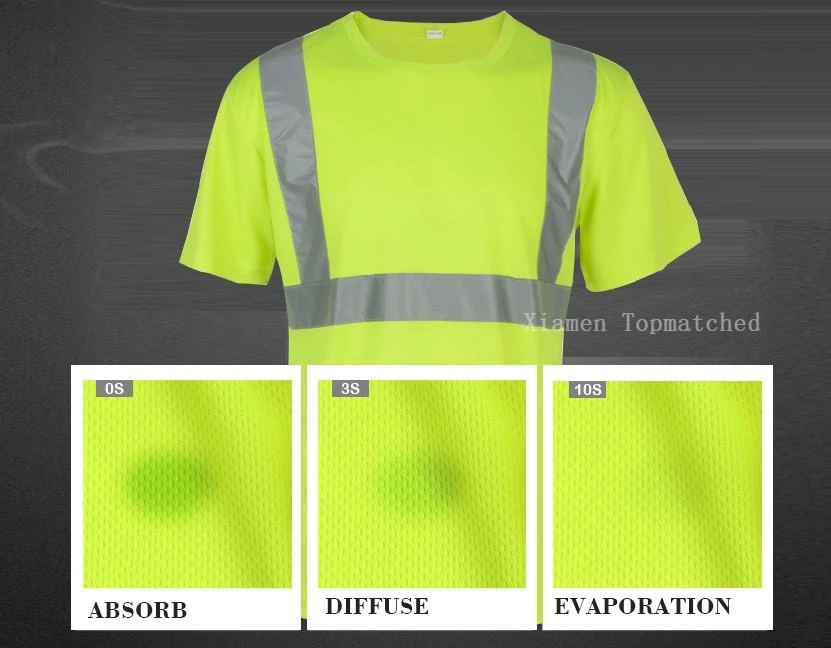 Close-up of 160g polyester reflective safety T-shirt fabric and tape stitching Close-up of 160g polyester reflective safety T-shirt fabric and tape stitching